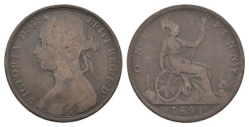 Великобритания 1 пенни 1891 Виктория (1837-1901) KM 755, Spink 3954 бронза 4661-422