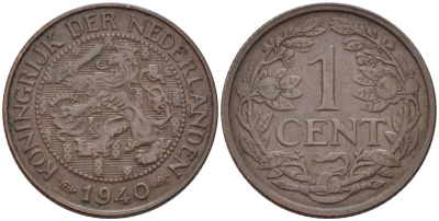 НИДЕРЛАНДЫ 1 ЦЕНТ 1940 ВИЛЬГЕЛЬМИНА (1890-1948) KM 152 бронза 100-1215