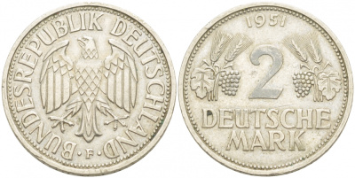ФРГ 2 марки 1951 F J 386, KM 111 медно-никель плакированный никелем 1515-2114