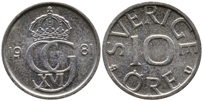 Швеция 10 эре 1981 U Карл XVI Густав (1973- ) KM 850 медно-никель 26-454