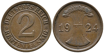 ГЕРМАНИЯ 2 РЕНТЕНПФЕННИГА 1924 A KM 31, J. 307 бронза 24-515