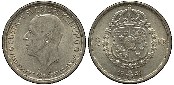 Швеция 2 кроны 1950 TS, Густав V (1907-1950) KM 815 серебро 221-623