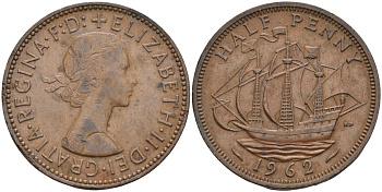 Великобритания 1/2 пенни 1962 Елизавета II (1952-2022) KM 896, Spink 4158 бронза 4126-756