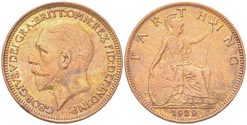 Великобритания 1 фартинг 1929 Георг V (1910-1936) KM 825, Spink 4061 бронза 4614-764