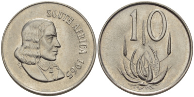 ЮАР 10 ЦЕНТОВ 1965 SOUTH, ЯН ВАН РИБЕК (1619-1677), ГОЛАНДСКИЙ ИССЛЕДОВАТЕЛЬ , МОРЕПЛАВАТЕЛЬ, ОСНОВАТЕЛЬ Г. КЕЙПТАУНА, ЦВЕТОК АЛОЭ, АНГЛИЙСКАЯ ЛЕГЕНДА KM 68.1 никель UNC 67-354