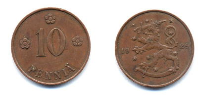 Финляндия 10 пенни 1929 республика (1918-1962) KM 24 медь 46-1647