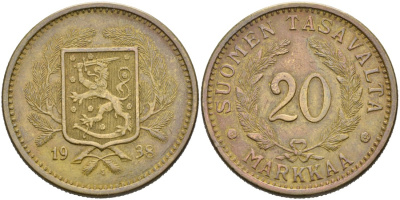 Финляндия 20 марок 1938 S KM 32 алюминиевая бронза 82-1024