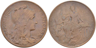 ФРАНЦИЯ 10 САНТИМОВ 1907 ТИП ДАНИЭЛЬ ДЮПЮИ KM 843, LE FRANC 136.17 бронза 180-446