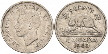 Канада 5 центов 1940 бобр, Георг VI (1937-1952) KM 33 никель 73-1152
