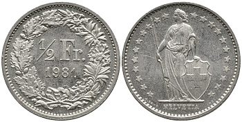 ШВЕЙЦАРИЯ 1/2 ФРАНКА 1981 KM 23а.1 медно-никель 4528-563