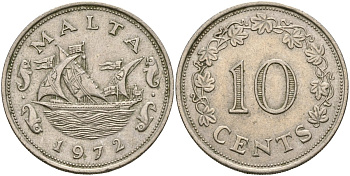 Мальта 10 центов 1972 баржа Великого магистра KM 11 медно-никель 4137-842