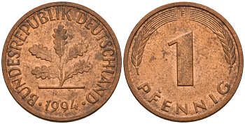ФРГ 1 пфенниг 1994 F KM 105, J. 380 сталь плакированная медью    4598-713