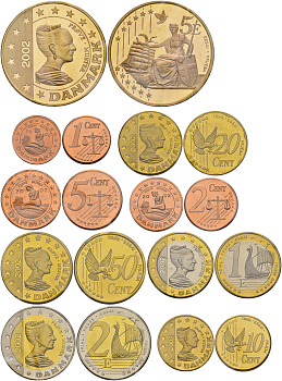 Дания евронабор из 9 монет 2002 proba, пробники, в оригинальной коробке, с сертификатом, включая 5 евро, запайка PROOF 1-4-6-08