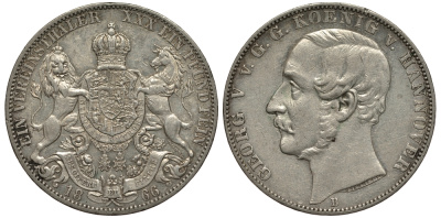 Брауншвейг-Каленберг-Ганновер 1 талер 1866 В, Георг V (1851-1866) КМ 230, AKS. 144, Dav. 682, Kahnt 239, Thun 174 серебро 1517-1511
