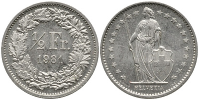 ШВЕЙЦАРИЯ 1/2 ФРАНКА 1981 KM 23а.1 медно-никель 4528-563