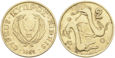 Кипр 2 цента 1985 первый год KM 54.2 никель латунь    4115-412