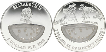 Фиджи 1 доллар 2012 серия Сокровища матери-природы, белый жемчуг, Китай, в оригинальной коробке, С сертификатОМ KM 447 серебро PROOF 00-00-00