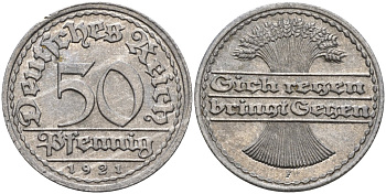 Германия 50 пфеннигов 1921 F KM 27, J.301, Weege 10 алюминий UNC 4584-744