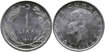 Турция 1 лира 1977 Мустафа Кемаль Ататюрк KM 889а.2 нержавеющая сталь 4541-527