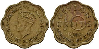 Цейлон 10 центов 1944 Георг VI (1937 - 1952) KM 118 никель латунь 4156-344