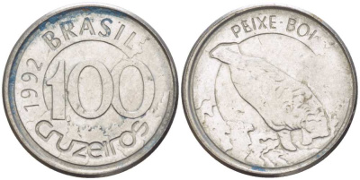 БРАЗИЛИЯ 100 КРУЗЕЙРО 1992 РЕФОРМА 1990-1993, ЛАМАНТИН KM 623 нержавеющая сталь 4387-735