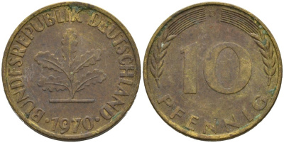 ФРГ 10 ПФЕННИГОВ 1970 D KM 103, J. 378 сталь плакированная латунью 4529-731