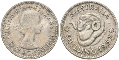 Австралия 1 шиллинг 1957 M, Елизавета II (1952-2022), овца меринос KM 59 серебро 4622-214