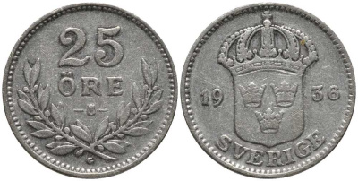 Швеция 25 эре 1936 G, Густав V (1907-1950) КМ 785 серебро 201-1053