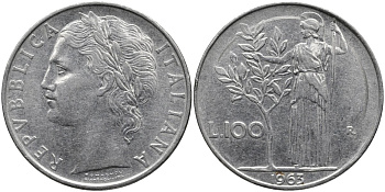 Италия 100 лир 1963 R, Афина в доспехах KM 96.1 нержавеющая сталь 4165-211