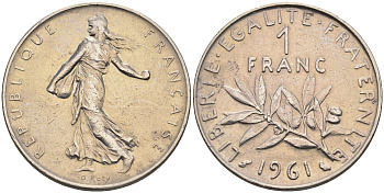 Франция 1 франк 1961 сеятель KM 925.1 никель    4177-241