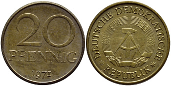 ГДР 20 пфеннигов 1971 А KM 11 латунь UNC 54-1445