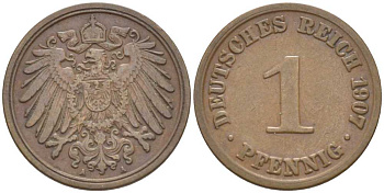 ГЕРМАНИЯ 1 ПФЕННИГ 1907 A KM 10, J. 10, Weege 2 медь 211-351