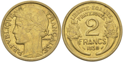 ФРАНЦИЯ 2 ФРАНКА 1939 ТИП MORLON KM 886, LE FRANC 268.12 алюминиевая бронза 3855-135