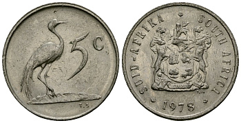 ЮАР 5 центов 1978 герб, райский журавль KM 84 никель 4173-964