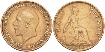 Великобритания 1/2 пенни 1936 Георг V (1910-1936) KM 837, Spink 4058 бронза 3718-512