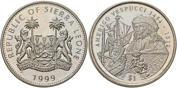 Сьерра-Леоне 1 доллар 1999 Америго Веспуччи KM 112 медно-никель BU 4368-1015
