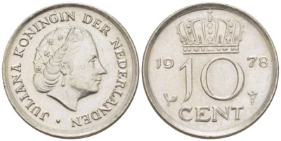 Нидерланды 10 центов 1978 Юлиана (1948-1980) КМ 182 никель 211-1238