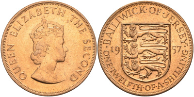 Джерси 1/12 шиллинга 1957 Елизавета II (1952-2022) KM 21 бронза aUNC 4367-326