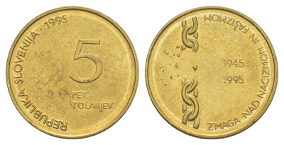 Словения 5 толаров 1995 50 лет Победы над фашизмом и нацизмом KM 22 латунь UNC 4571-255