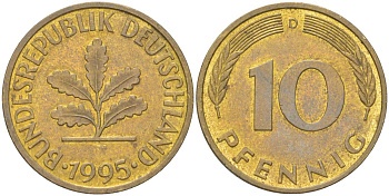 Германия 10 пфеннигов 1995 D KM 108 сталь плакированная латунью aUNC 4613-1239