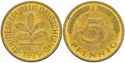 ФРГ 5 пфеннигов 1979 G KM 107, J. 382 сталь плакированная латунью 4514-1021