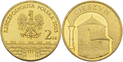 Польша 2 злотых 2005 MW, серия польские города, Цешин (Cieszyn) KM 753, Parchimowicz 962 латунь 4539-657