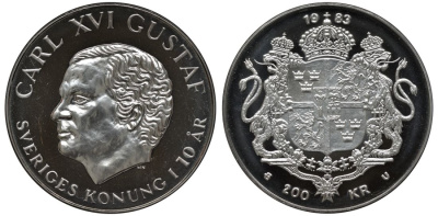 Швеция 200 крон 1983 Карл XVI Густав (1973- ), 10 лет правления KM 862 серебро BUNC 443-1221
