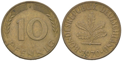 ФРГ 10 пфеннигов 1970 J KM 108, J. 383 сталь плакированная латунью 4604-1152