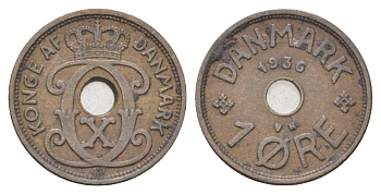 Дания 1 эре 1936 N, Кристиан X (1912-1947) KM 826 бронза 4701-566