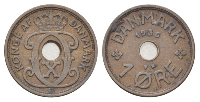 Дания 1 эре 1936 N, Кристиан X (1912-1947) KM 826 бронза 4701-566