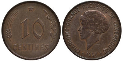 Люксембург 10 сантимов 1930 Шарлотта (1918-1964) KM 41 бронза 4538-733
