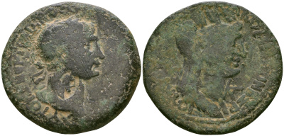 Римская Империя, Провинция Сирия, Лаодикея Приморская AE 98-117 Траян, бюст императора, надчеканка-бюст императора / бюст богини Тихе BMC 46 бронза 1100-5-61
