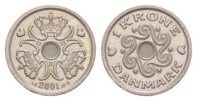 Дания 1 крона 2001 Маргрете II (1972-2024) KM 873 медно-никель UNC 4658-313