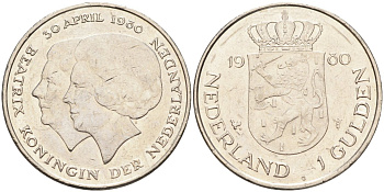 Нидерланды 1 гульден 1980 на коронацию Беатрикс, 30 апреля 1980 KM 200 никель 4175-247